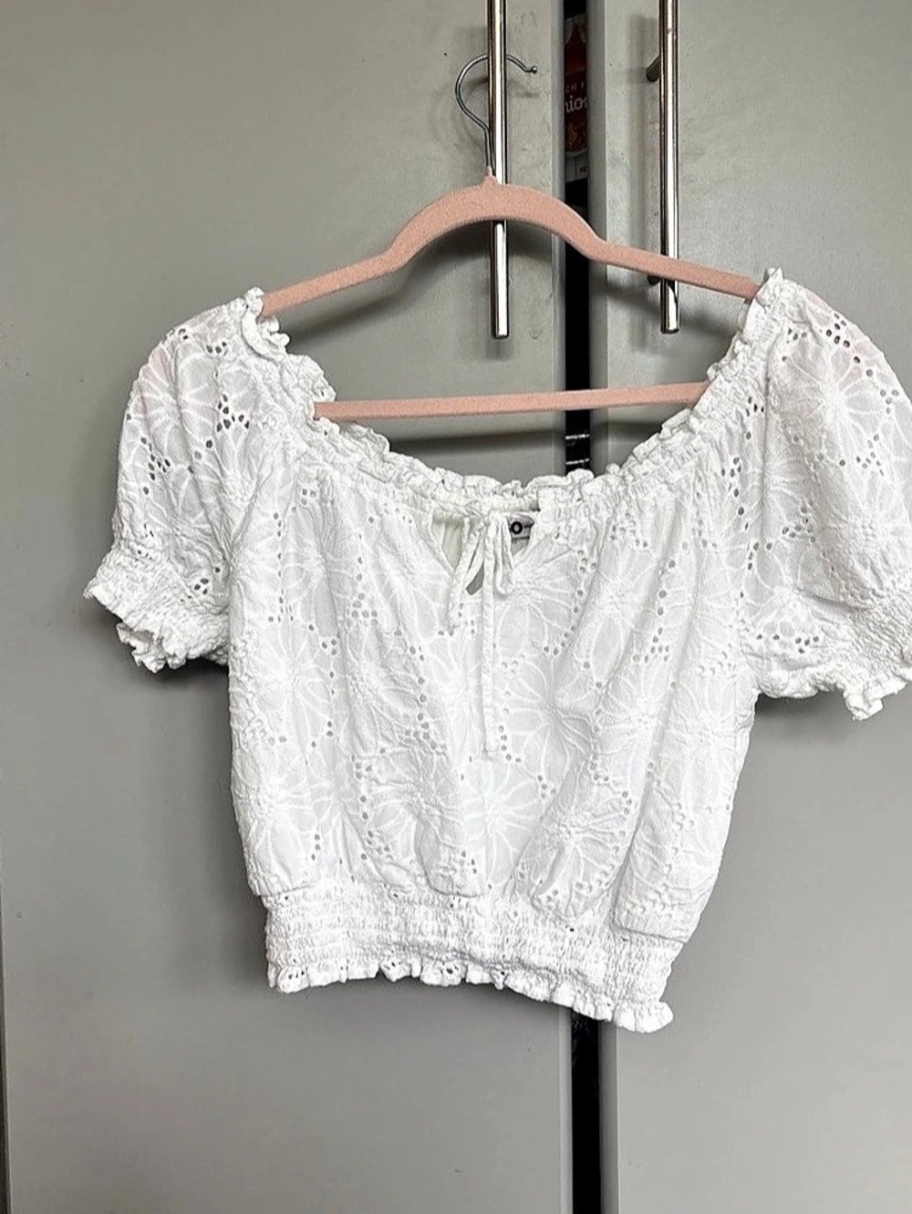 Boohoo For Life Floral Eyelet Crop Top in White Size Medium